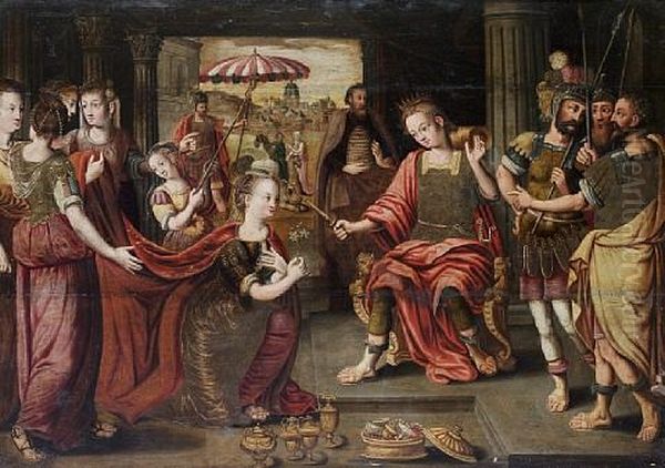 Solomon And The Queen Of Sheba Oil Painting by Pieter Claeissins the Younger