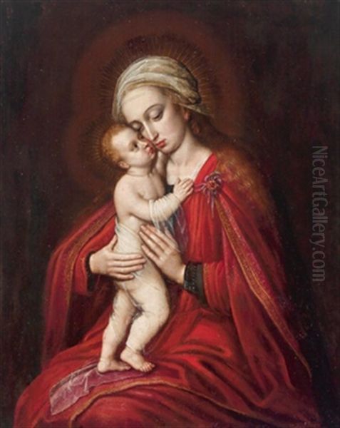 Madonna Mit Kind In Einem Trompe-l'oeil Rahmen Oil Painting by Pieter Claeissins the Younger