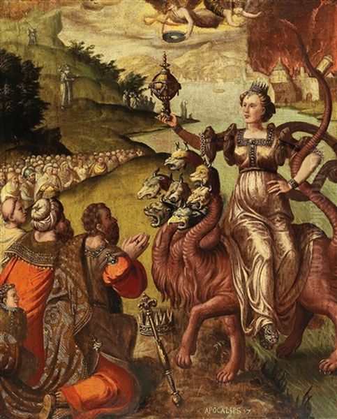 The Whore Of Babylon Riding The Seven-headed Beast Oil Painting by Anthuenis Claeissins