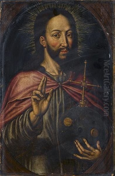 Christ As Salvator Mundi, In A Painted Arch Oil Painting by Anthuenis Claeissins