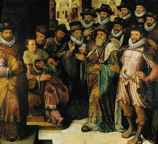 The Justice Of Cambyses: An Allegorical Group Portrait Of The City Councillors (?) Oil Painting by Anthuenis Claeissins