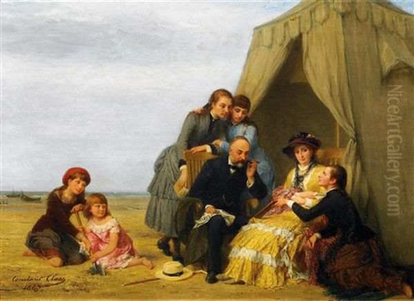 Die Junge Kunstlerin. Grosfamilie Am Strand, Ein Werk Der Begabten Bewundernd Oil Painting by Constant Guillaume Claes