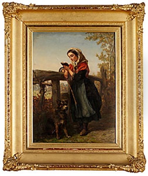 Lasande Flicka Med Hund Oil Painting by Constant Guillaume Claes