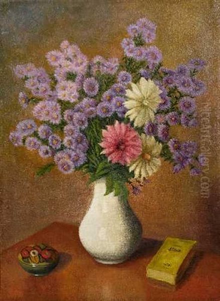 Stillleben Mit Blumenstraus, Buch Und Dose Oil Painting by Gertrude Claes