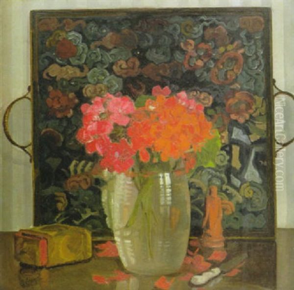 Stilleben Mit Rotem Strauss Und Blumengemustertem Tablett Oil Painting by Albert Claes-Thobois