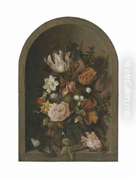 Roses, Tulips, And Other Flowers In A Glass Vase With Insects And A Lizard In A Stone Niche Oil Painting by Anthony Claesz the Younger