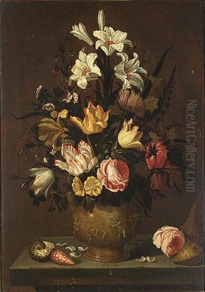 A Still Life With White Lilies, Tulips, Roses, Marigolds, Daffodils And Other Flowers In A Stone Vase, Together With A Rose And Shells On A Stone Ledge Oil Painting by Anthony Claesz the Younger