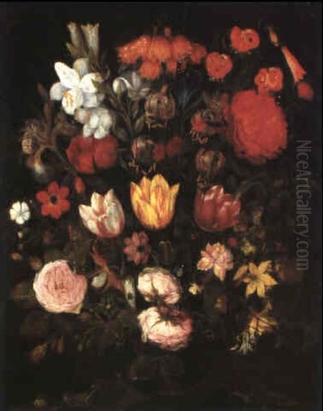 Groses Blumenstilleben, Links Unten Ein Frosch, Rechts Eine Eidechse Oil Painting by Anthony Claesz the Younger