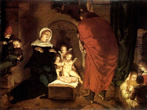 The Nativity With A Shep- Herb Playing The Bagpipe And      Children Singing Oil Painting by Aert (Aertgen) Claesz