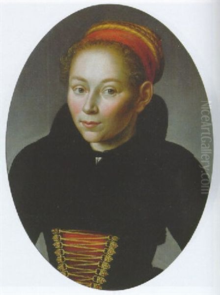 Portrait Of A Woman, Wearing A Provincial Costume And A Red Ribbon In Her Hair Oil Painting by Jan Claesz