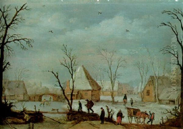 Village In Winter With Peasants And A Traveller On A Track With A Footbridge Over A Frozen Waterway Oil Painting by Reyer Claesz