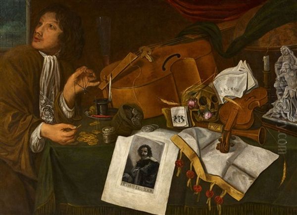 Vanitas Still Life With Musical Instruments Oil Painting by Jacques Grief De Claeuw