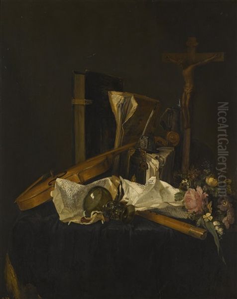 A Vanitas Still Life Of A Violin, Books, An Inkwell, Manuscripts, A Roemer, A Flute, A Crucifix And A Wreath Of Flowers On A Cloth Covered Table Oil Painting by Jacques Grief De Claeuw