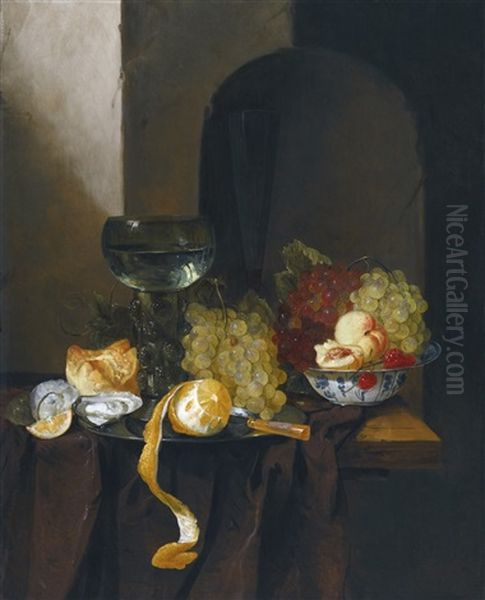 Still-life Of Oysters, Grapes, Wine And Other Fruits Oil Painting by Jacques Grief De Claeuw