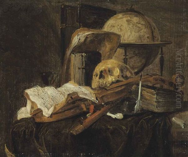 A Skull, Globe, Pipe, Quill Pen, Books And Papers On A Draped Table Oil Painting by Jacques Grief De Claeuw