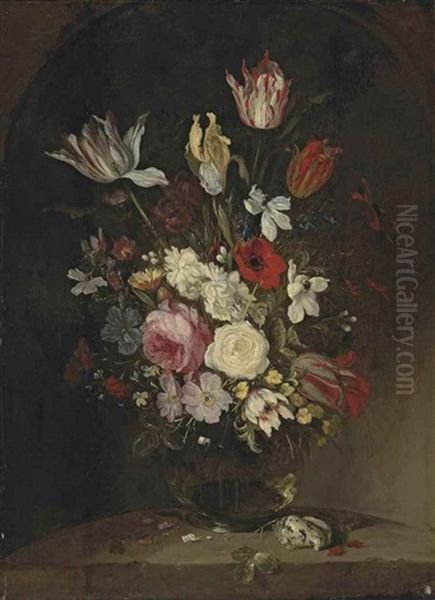 Roses, Carnations, Tulips, Poppy, An Iris, Pansies And Other Flowers In A Glass Vase, With A Seashell On A Marble Ledge Oil Painting by Jacques Grief De Claeuw