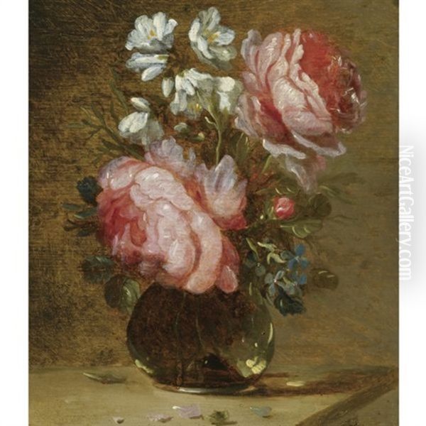 Still Life Of Roses, Forget-me-nots And Other Flowers In A Glass Vase On A Wooden Table Oil Painting by Jacques Grief De Claeuw