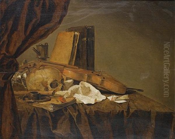 A Vanitas With A Skull, Musical Instruments, Books, A Letter And Playing Cards On A Table Top Oil Painting by Jacques Grief De Claeuw