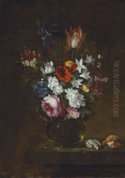 A Rose, A Tulip, An Iris, Poppies, And Other Flowers In A Glass Vase, With Seashells On A Table Oil Painting by Jacques Grief De Claeuw