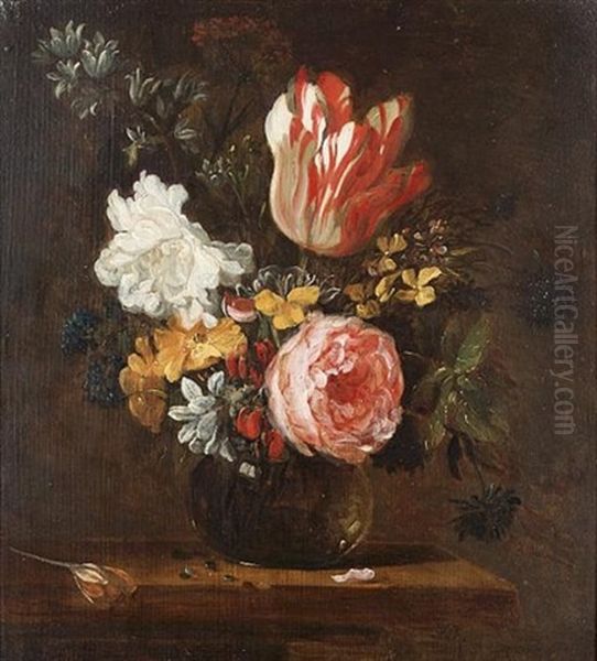 A Parrot Tulip, Roses, Hyacinths And Other Flowers In A Glass Vase On A Wooden Table Oil Painting by Jacques Grief De Claeuw