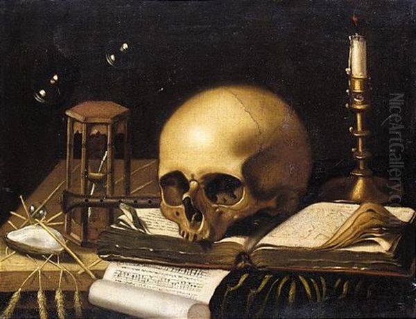 A Vanitas Still Life Of A Skull, A Candle, An Hourglass, A Pipe, And A Sheet Of Music On A Wooden Table With Bubbles Above Oil Painting by Jacques Grief De Claeuw