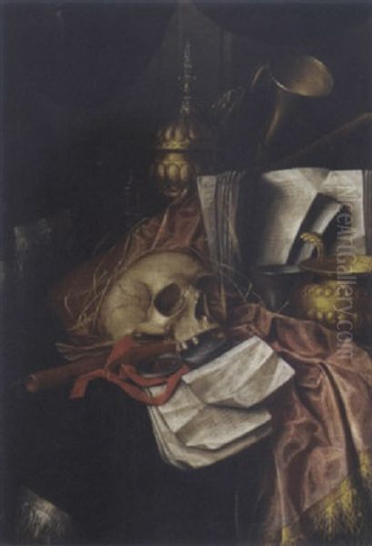 A Vanitas Still Life With A Skull, A Bokaal, A Pocket Watch, A Music Score And A Flute Oil Painting by Jacques Grief De Claeuw