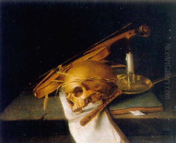 A Vanitas: A Skull Decorated With Ears Of Corn, A Music Book, A Document, And Other Objects On A Stone Ledge Oil Painting by Jacques Grief De Claeuw