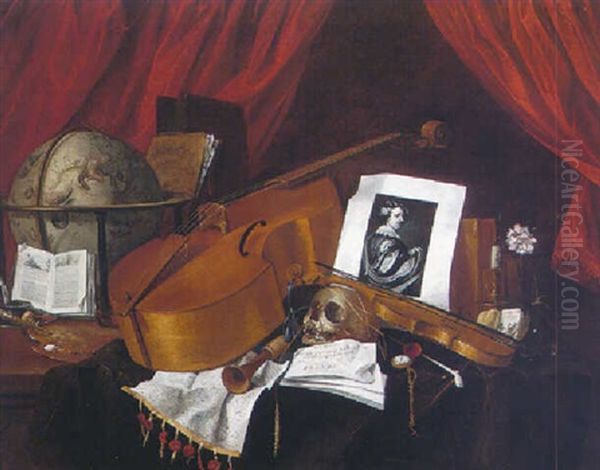 A Vanitas Still Life With A Globe, A Cello And Other Instruments, A Portrait Of Sir Anthony Van Dyck And Other Objects Before A Swagged Curtain Oil Painting by Jacques Grief De Claeuw