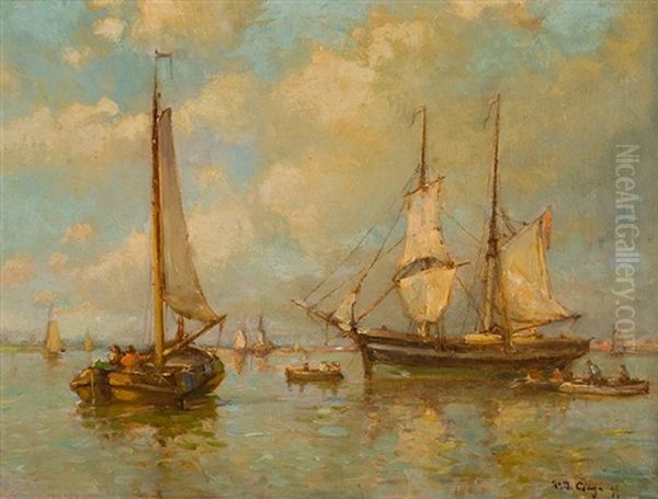 Bateaux Sur Le Bas-escaut Oil Painting by Paul-Jean Claeys