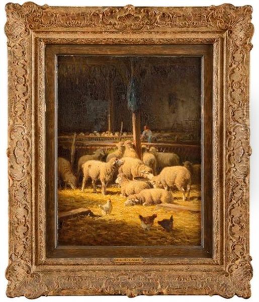 Poules Et Moutons A La Bergerie Oil Painting by Charles H. Clair