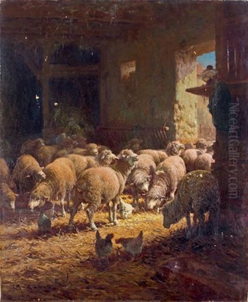 Moutons Dans La Bergerie Oil Painting by Charles H. Clair