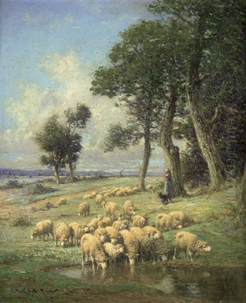 Schaferin Mit Ihrer Herde Bei Einem Teich Am Waldrand Oil Painting by Charles H. Clair