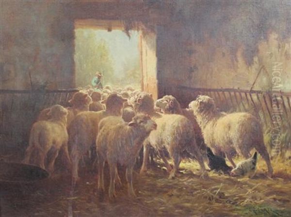 Sheep In A Stable Oil Painting by Charles H. Clair