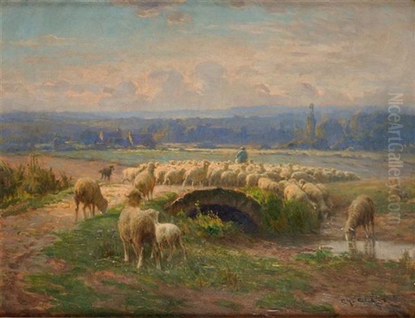 Berger Et Ses Moutons Dans Un Paysage Oil Painting by Charles H. Clair