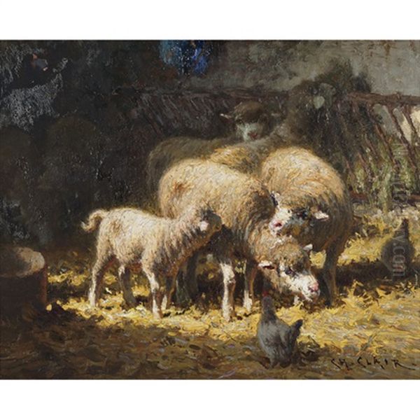 Sheep And Chickens In A Stable Oil Painting by Charles H. Clair