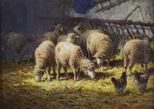 Sheep In A Manger Oil Painting by Charles H. Clair