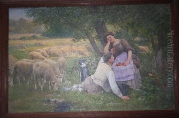 Jeune Bergere Et Son Troupeau De Moutons Oil Painting by Charles H. Clair