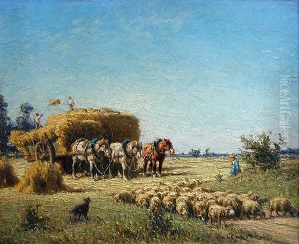 Harvest Scene With A Cart Being Loaded Oil Painting by Charles H. Clair