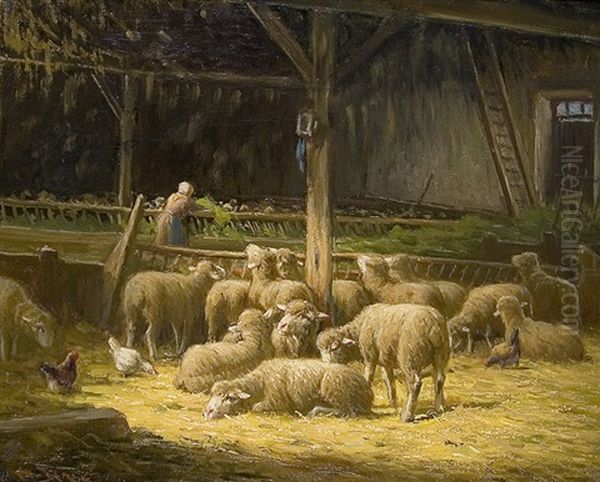 Sheep In A Stable Oil Painting by Charles H. Clair