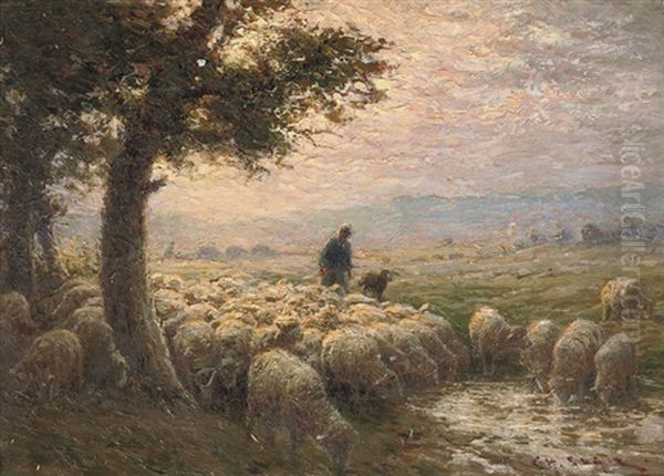 A Flock Of Sheep At Dusk Oil Painting by Charles H. Clair