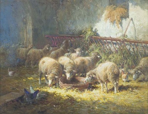 Sheep Feeding Oil Painting by Charles H. Clair