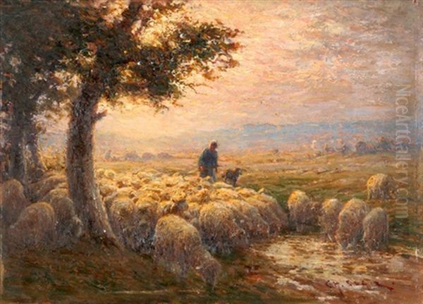 Abendlandschaft Mit Schafherde, Hirte Und Hund Oil Painting by Charles H. Clair