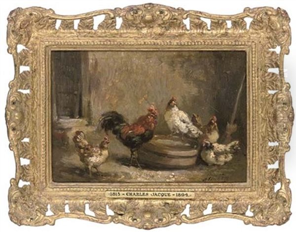 Chickens In A Barn Oil Painting by Charles H. Clair