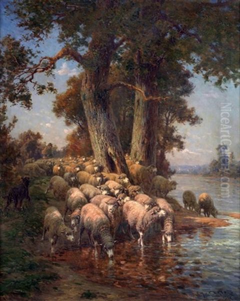 Troupeau De Moutons Sous Le Grand Chene Au Bord De La Riviere Oil Painting by Charles H. Clair