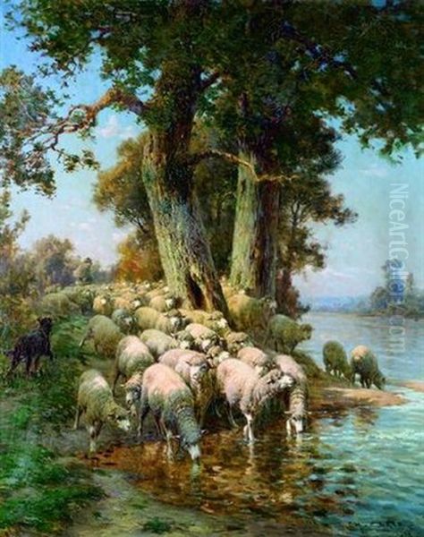 Berger Et Son Troupeau De Moutons A L'abreuvoir Oil Painting by Charles H. Clair