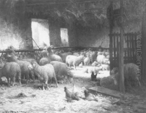 Sheep And Chickens In A Stable Oil Painting by Charles H. Clair