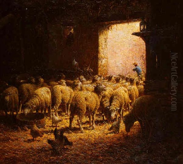 Les Moutons A La Bergerie Oil Painting by Charles H. Clair