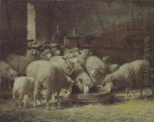 Schafe An Der Tranke Im Stall Oil Painting by Charles H. Clair