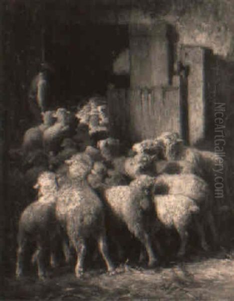 Moutons Rentrant Dans La Bergerie Oil Painting by Charles H. Clair