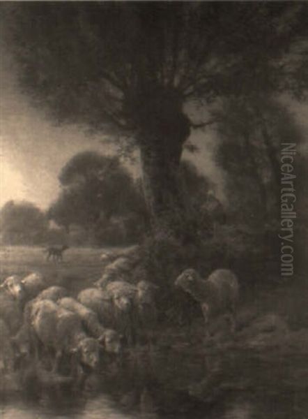 Pastoral Scene With Sheep Watering, Shepherd And Collie Looking On Oil Painting by Charles H. Clair